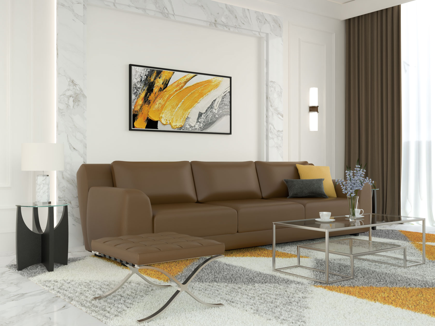 Brown Living Room with Mustard Yellow Accents