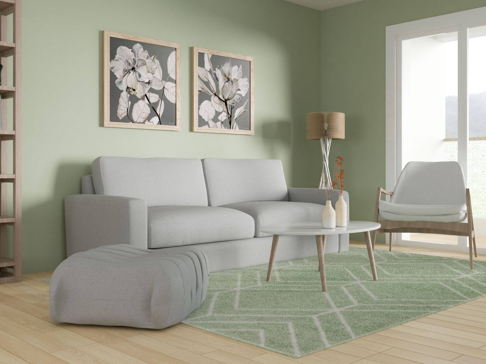 Living room with light gray furniture and sage green walls