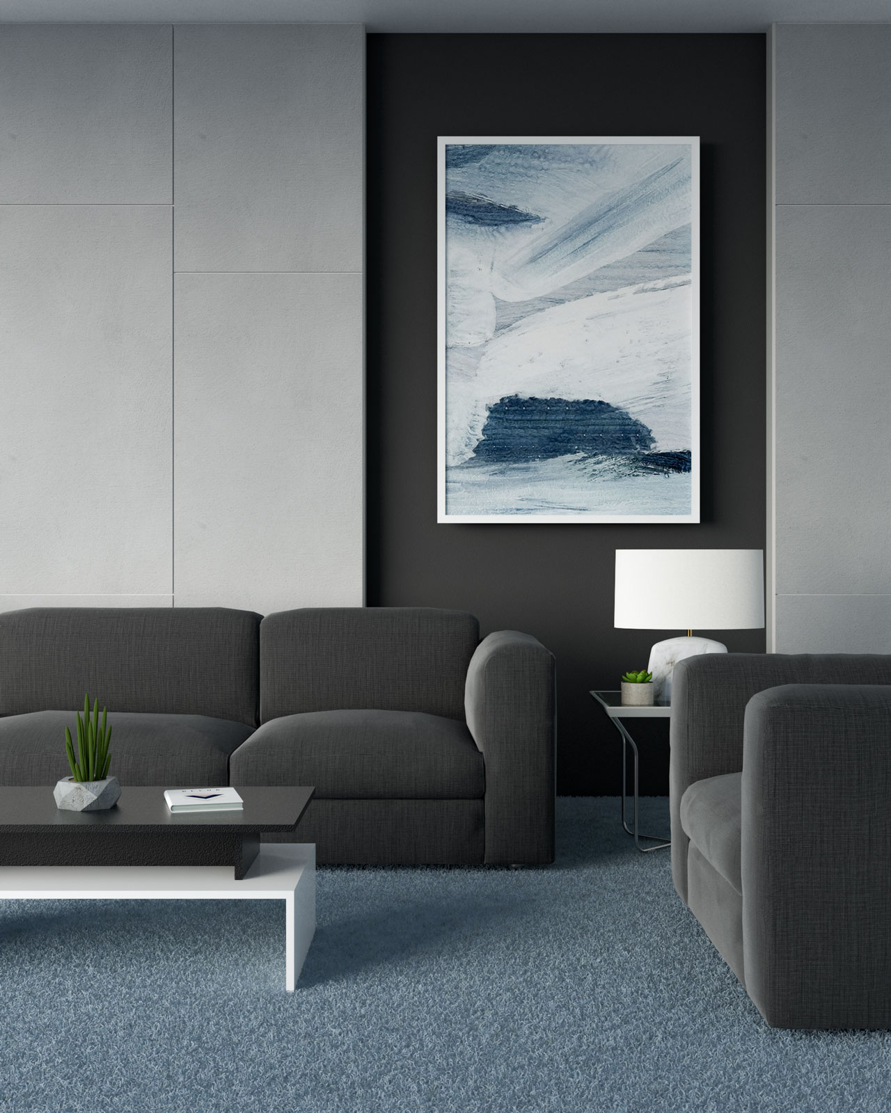 Pale blue carpet with black furniture