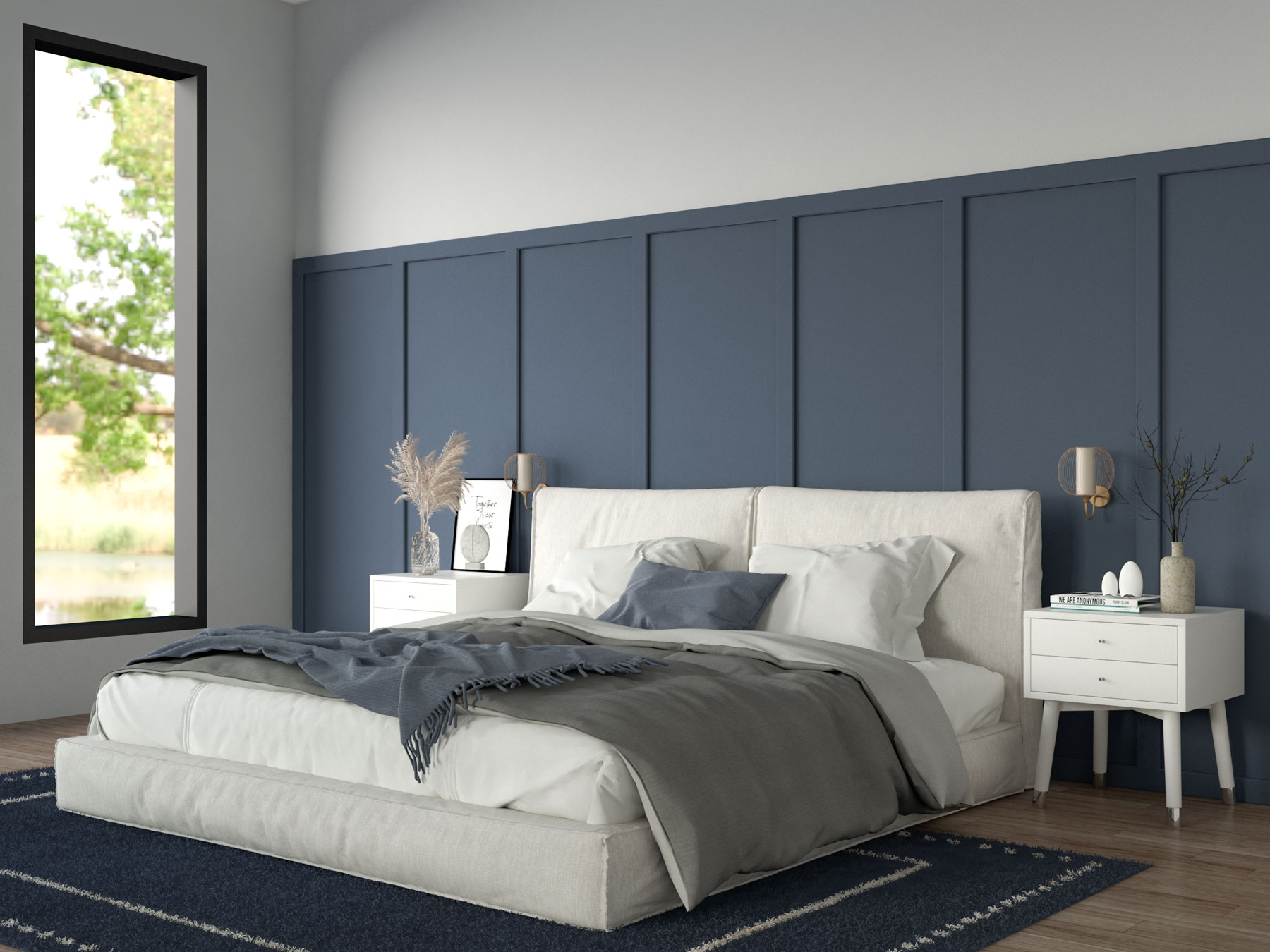 Contemporary-Style Bedroom With Navy Wall Molding