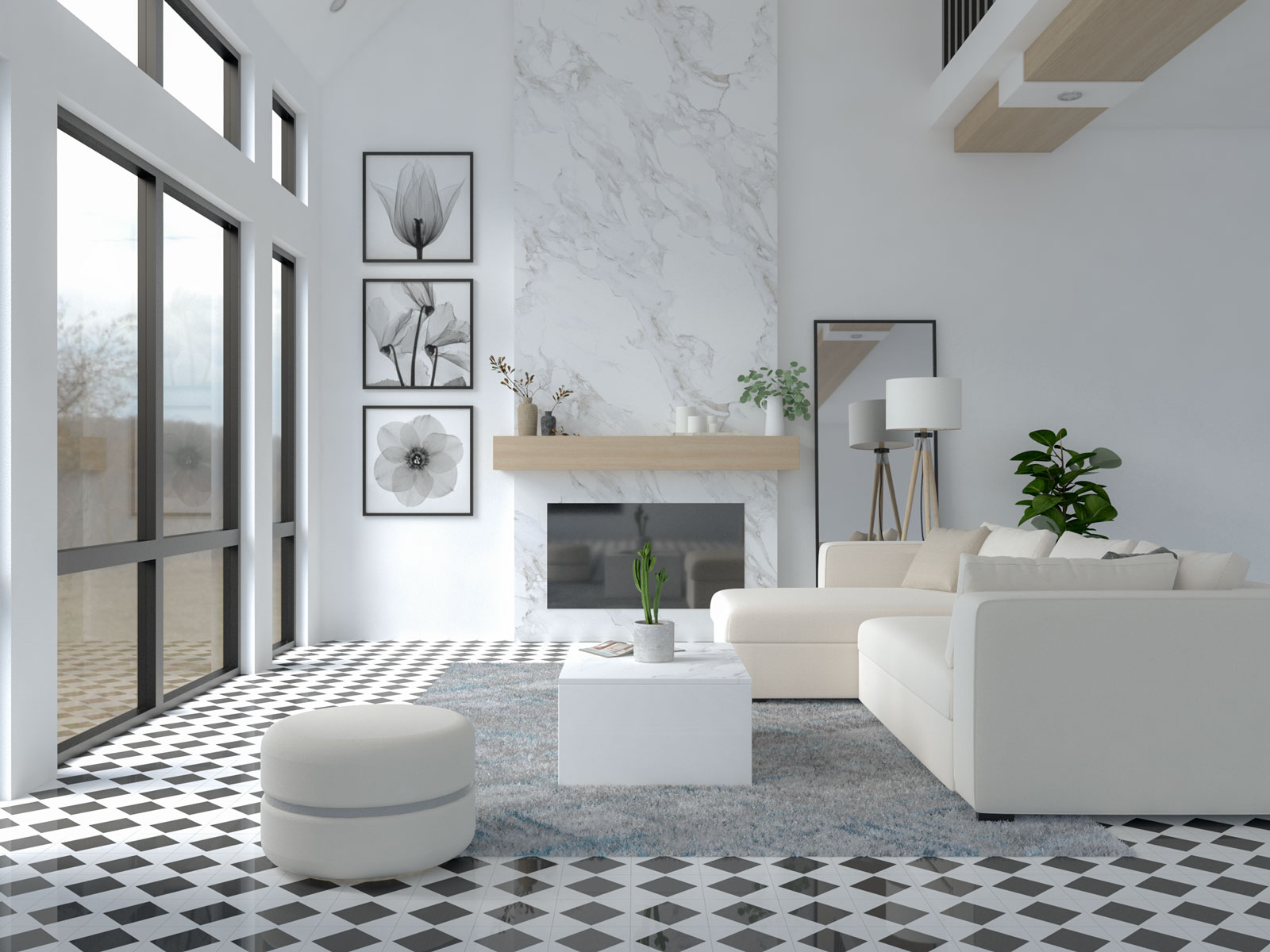 Modern farmhouse living room with black and white tile floors