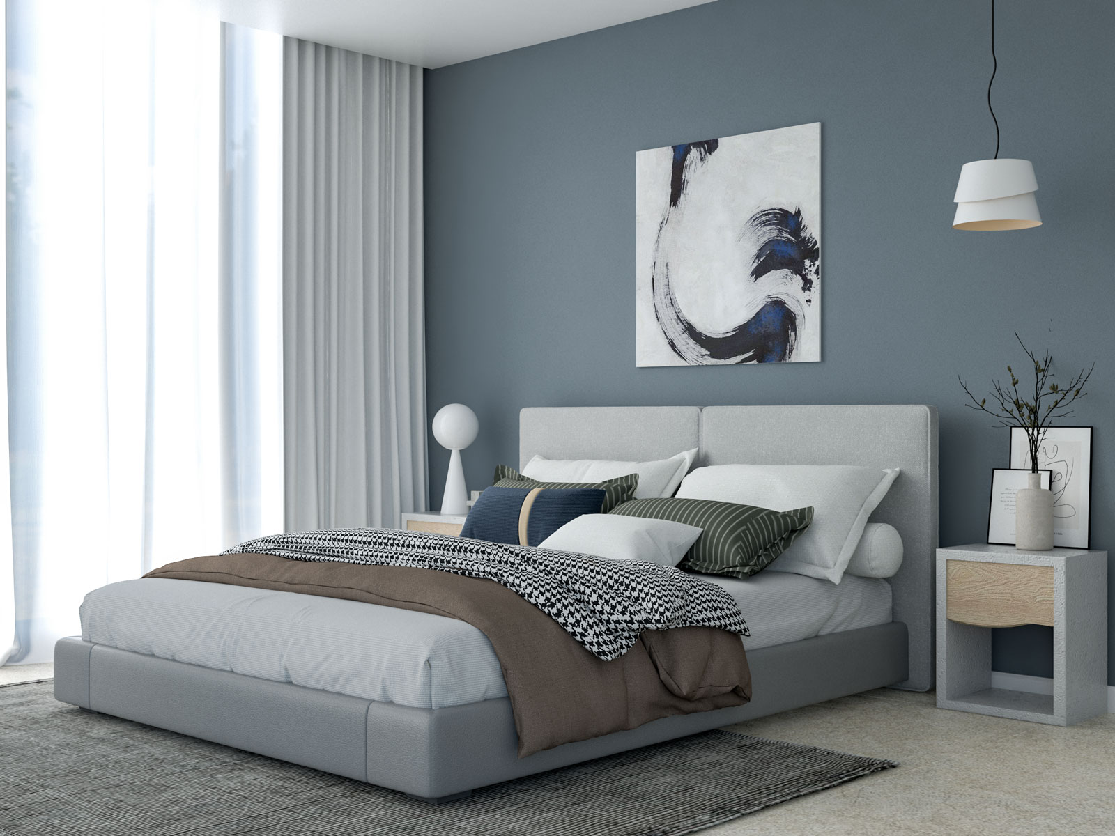 Modern Gray Bedroom with Navy Accents 