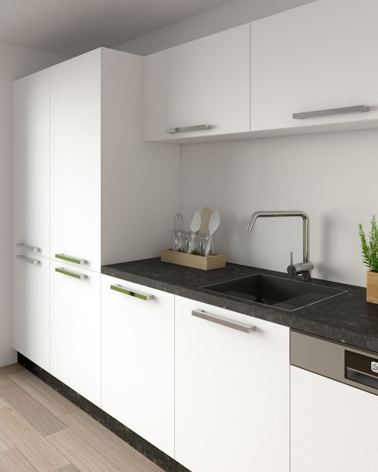 modern white kitchen cabinets with black countertops