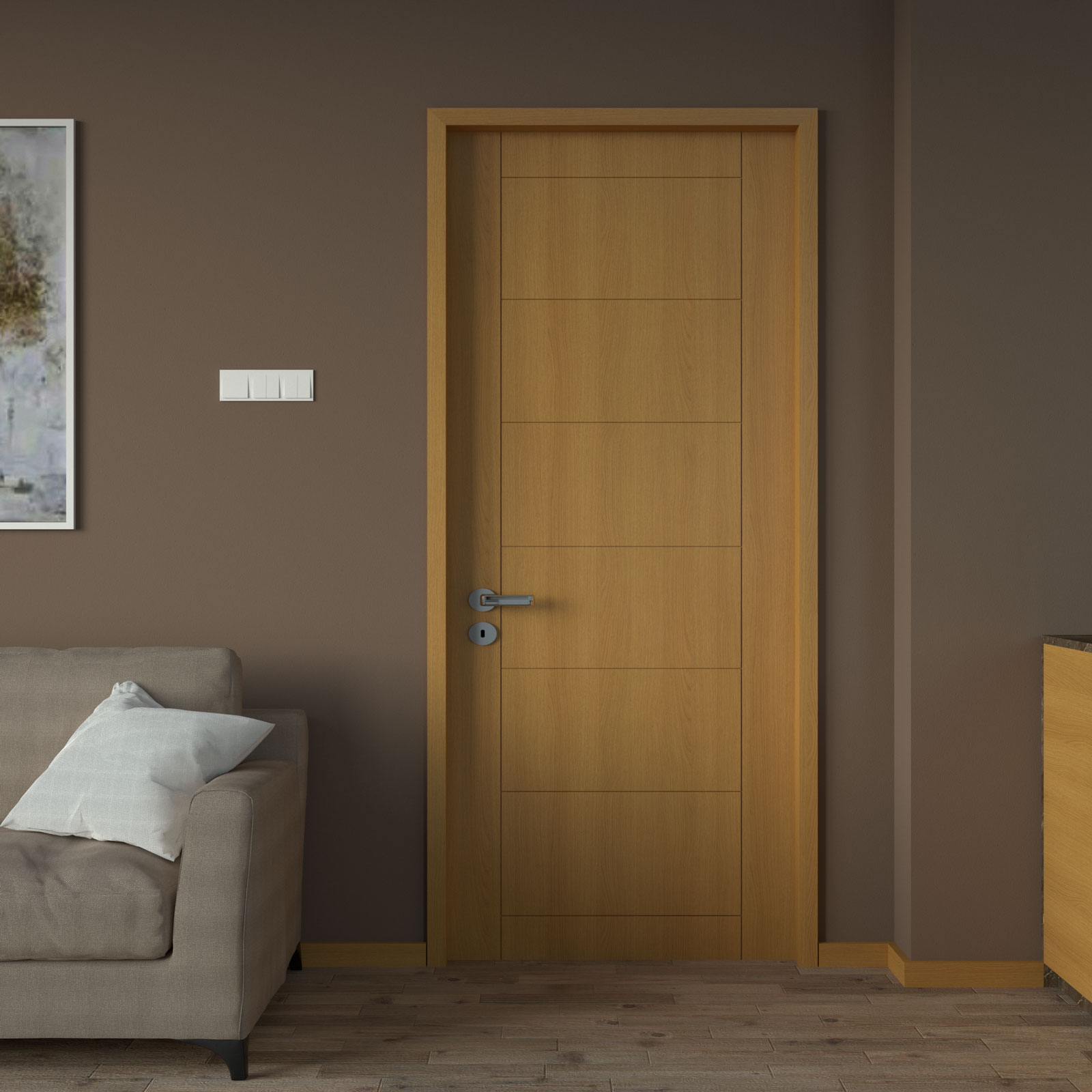 Dark brown walls with golden oak wood