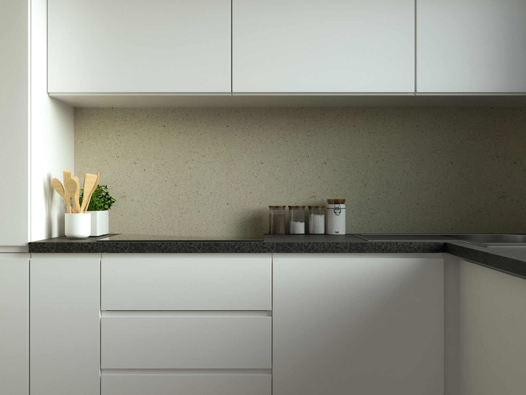 Kitchen With White Cabinets Black Granite Countertops And Cream Stone Backsplash 