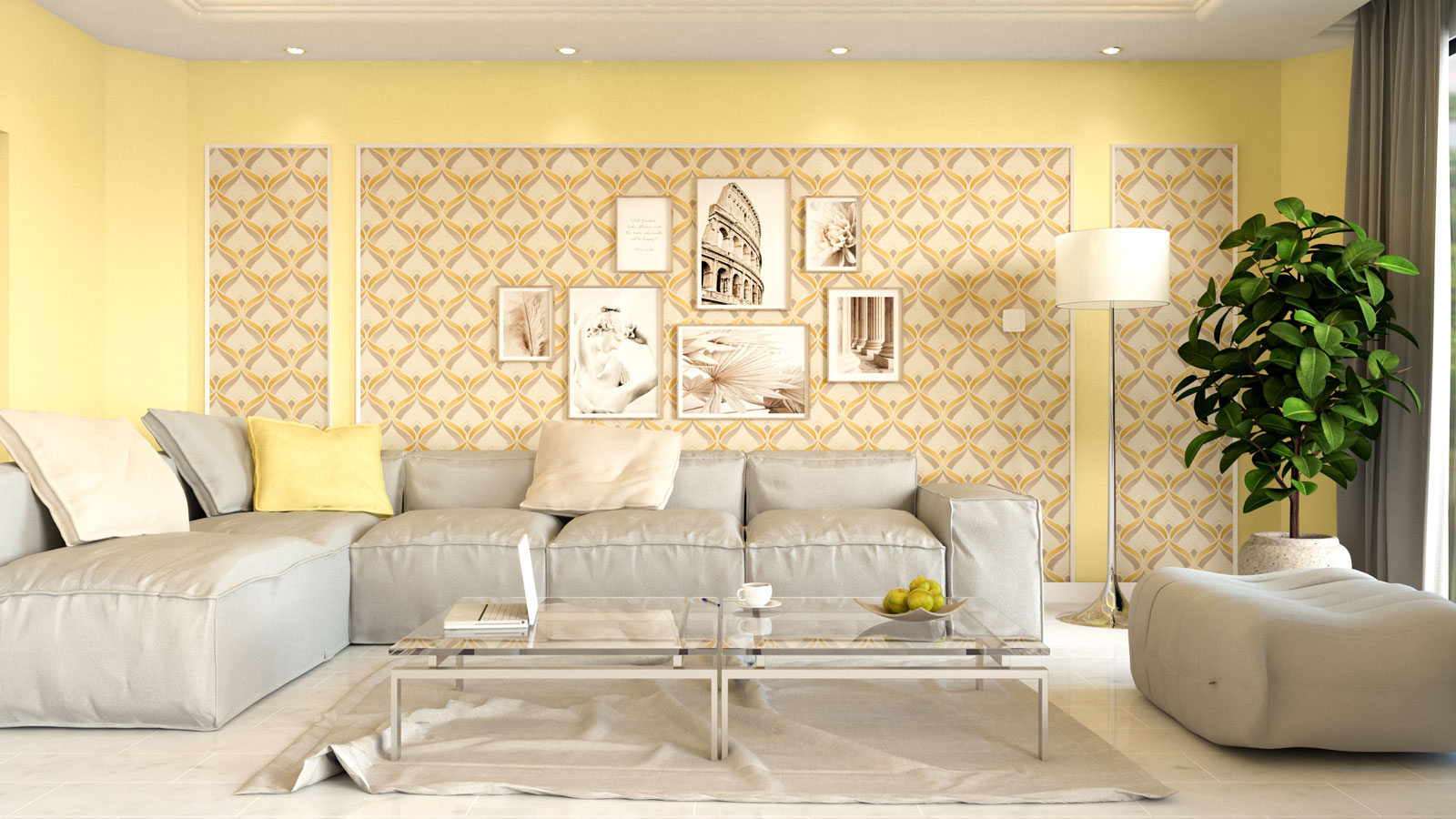 gray and yellow living room