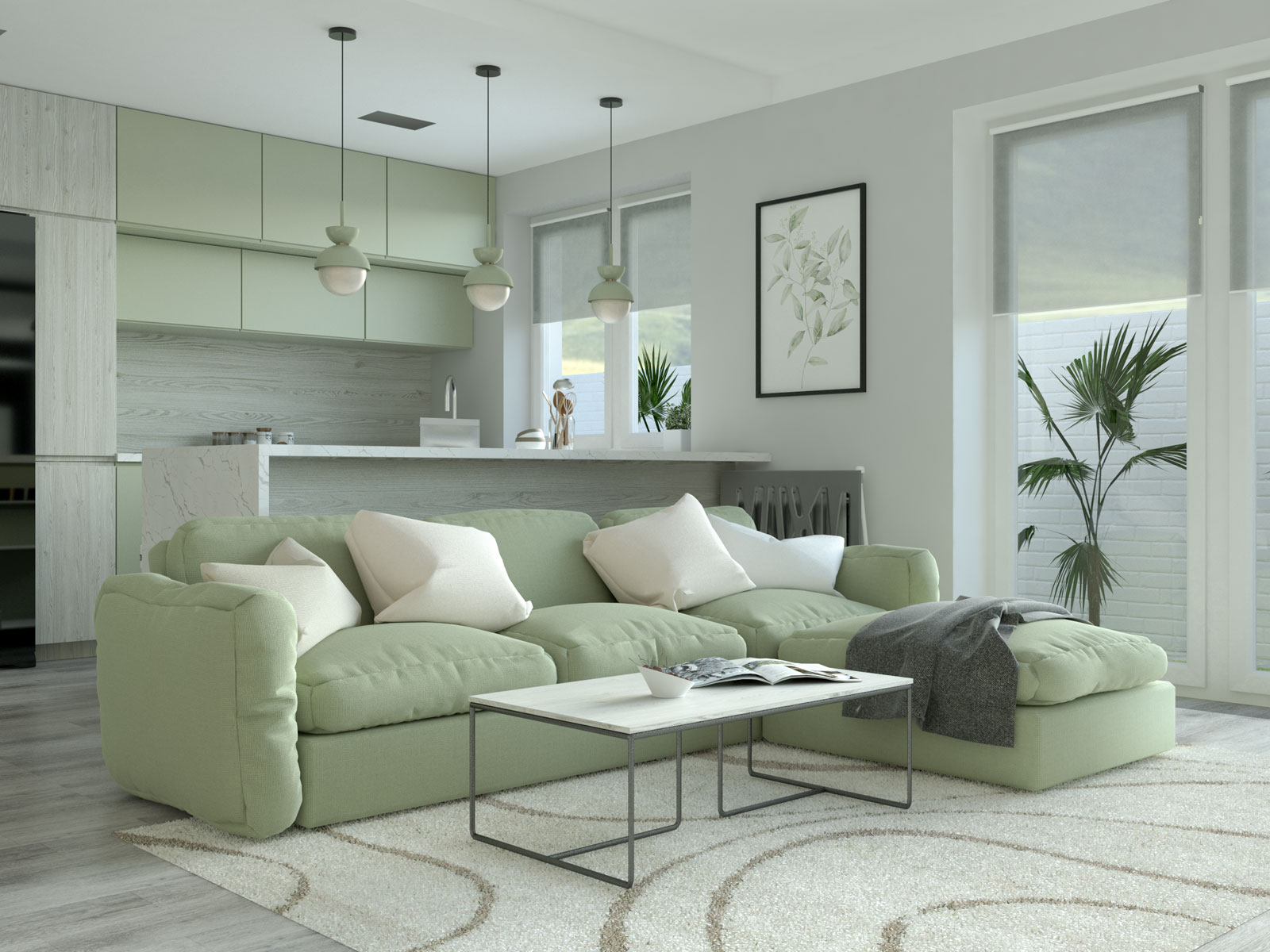 Living room with sage furniture and cream accents