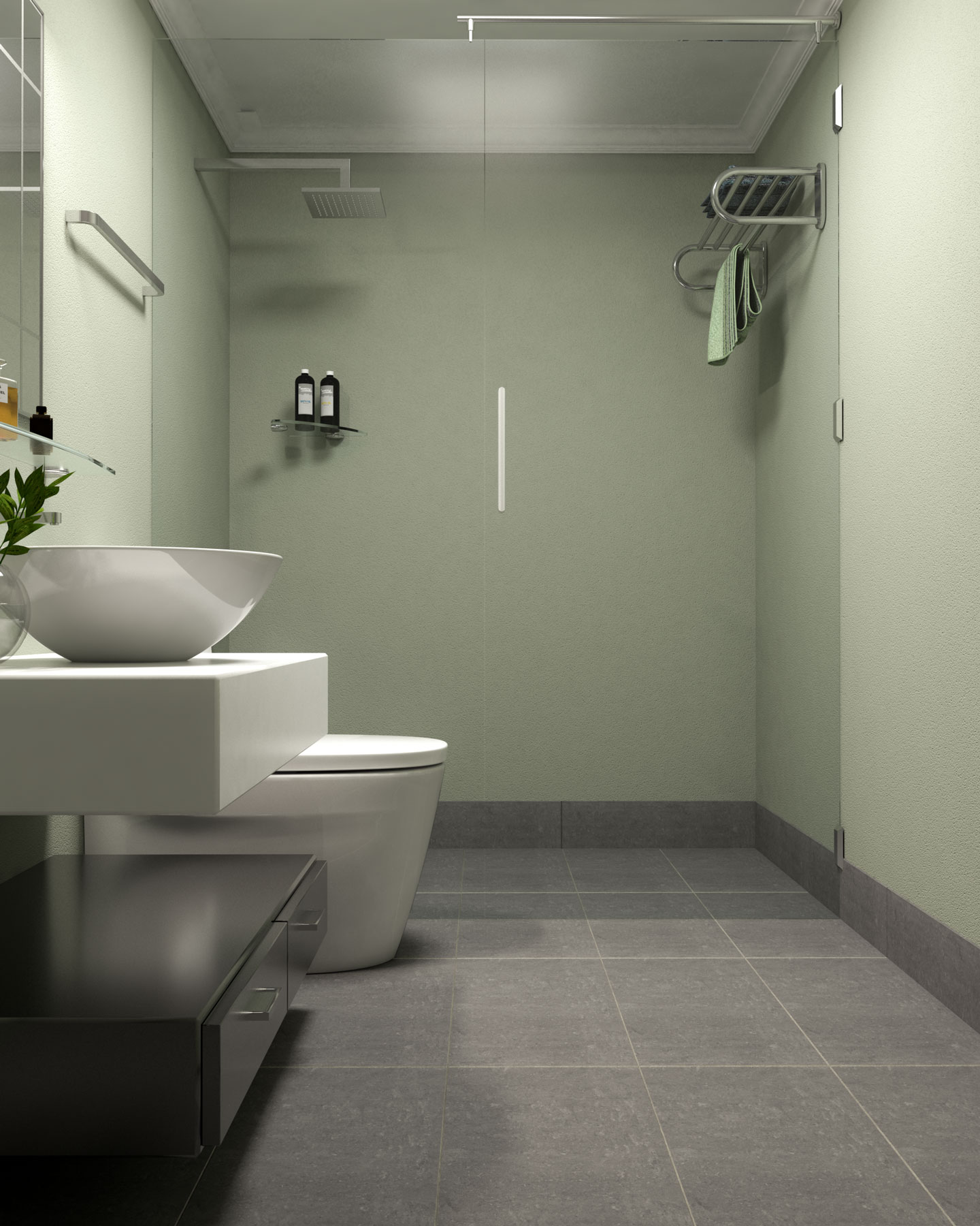 Bathroom with gray green walls and gray tile floors