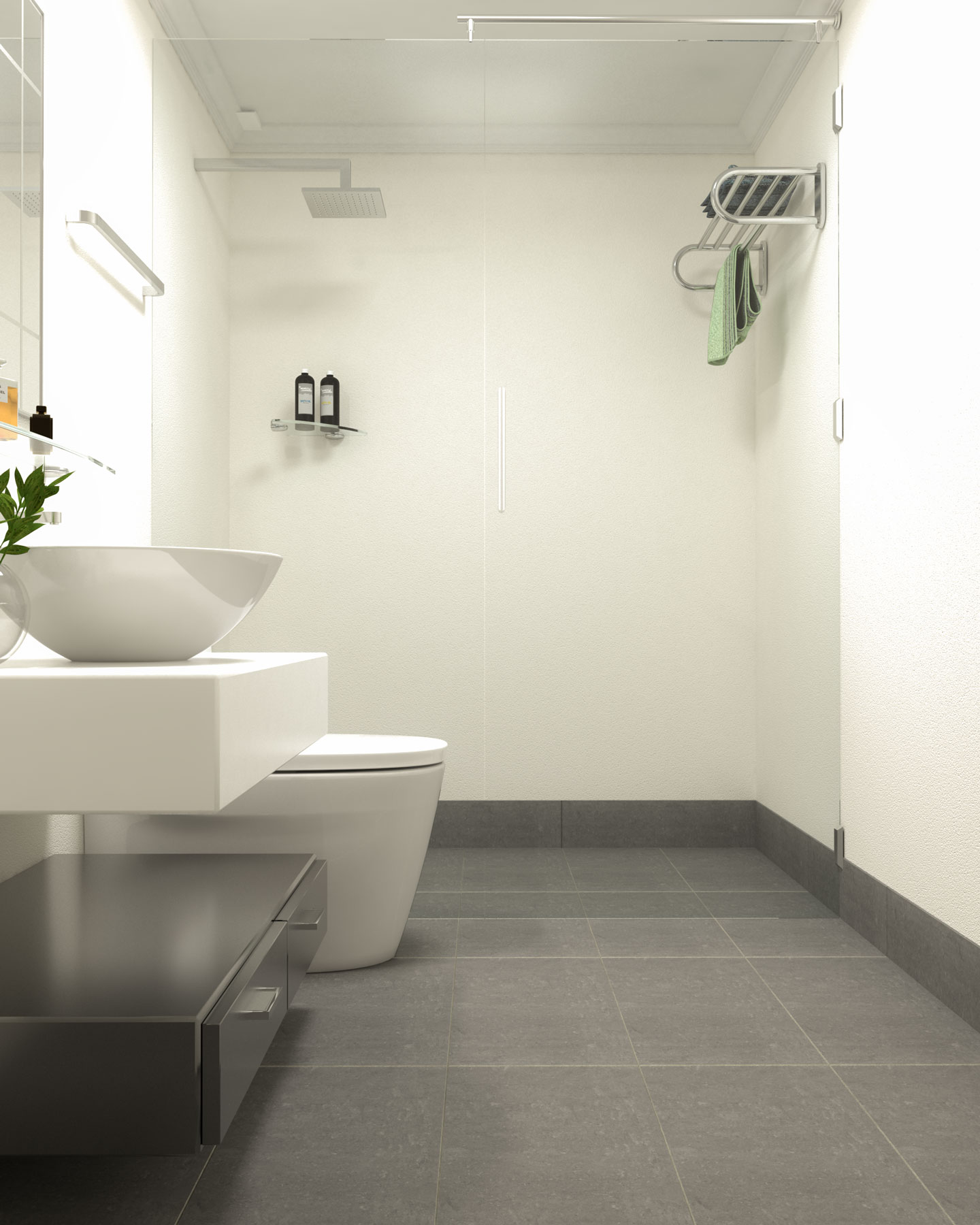 Bathroom With Gray Tile Floors And Warm White Walls 