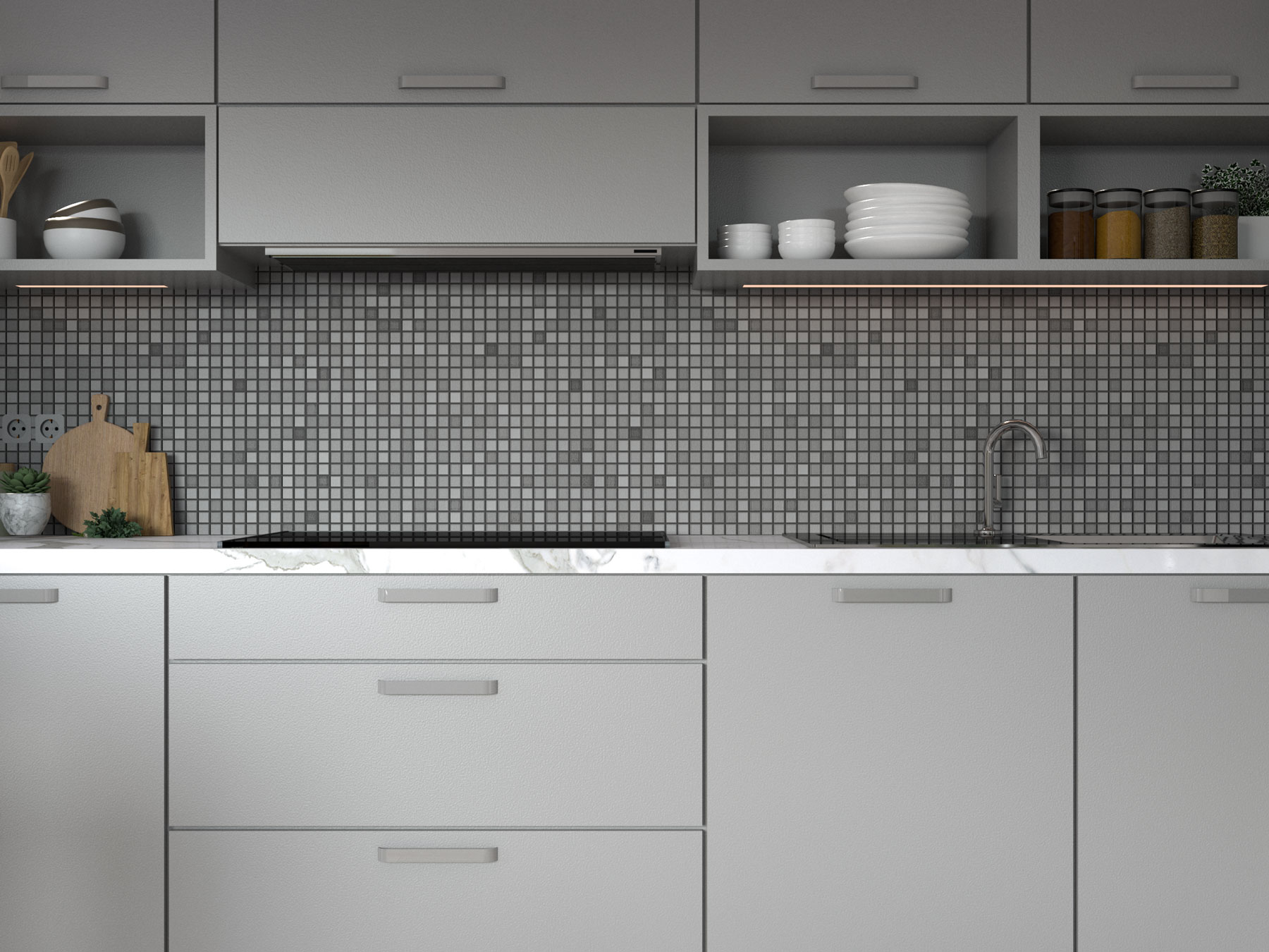 Kitchen with calacatta quartz countertops and gray mosaic tile backsplash