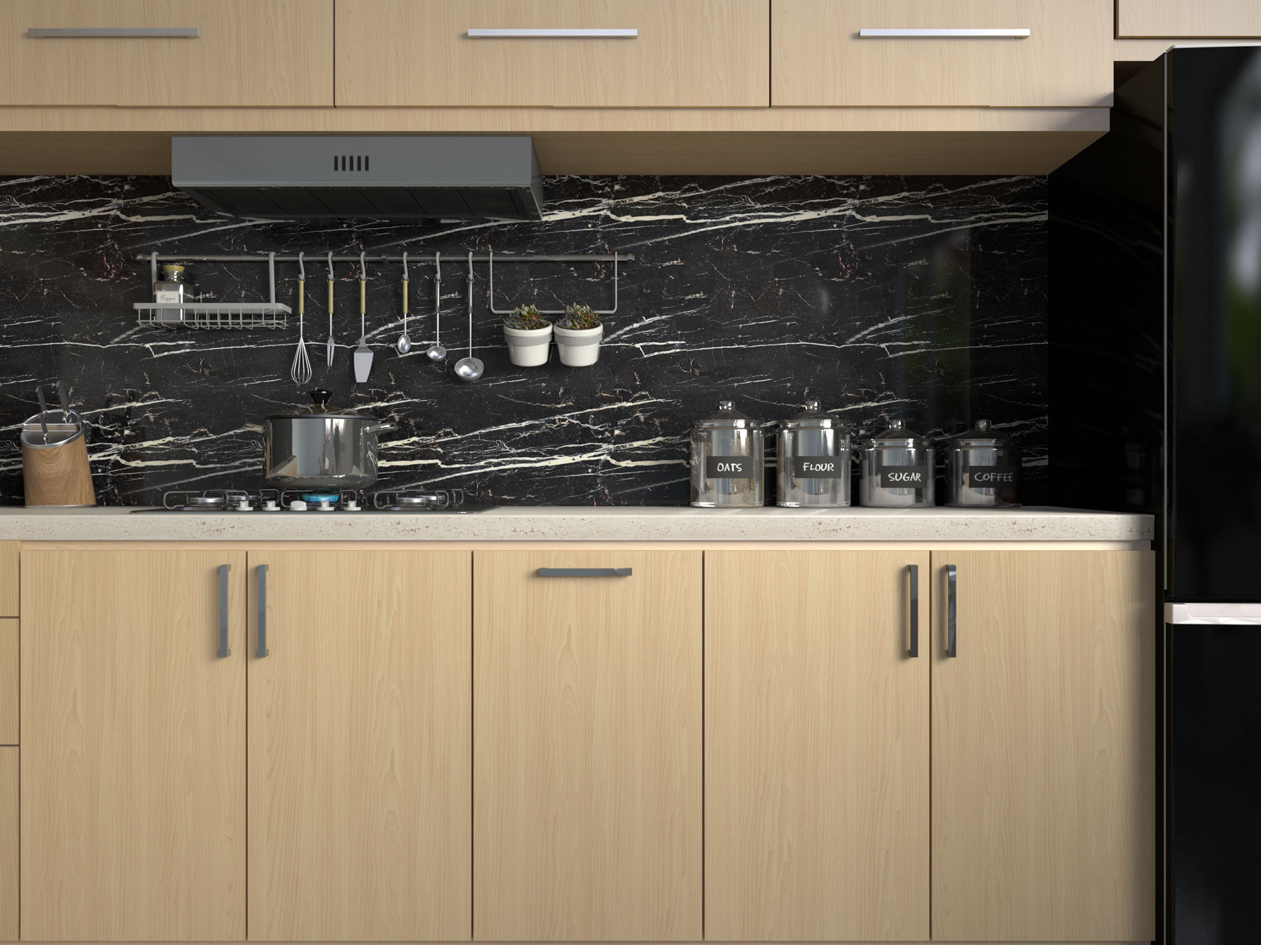 Kitchen with maple cabinets and black marble backsplash