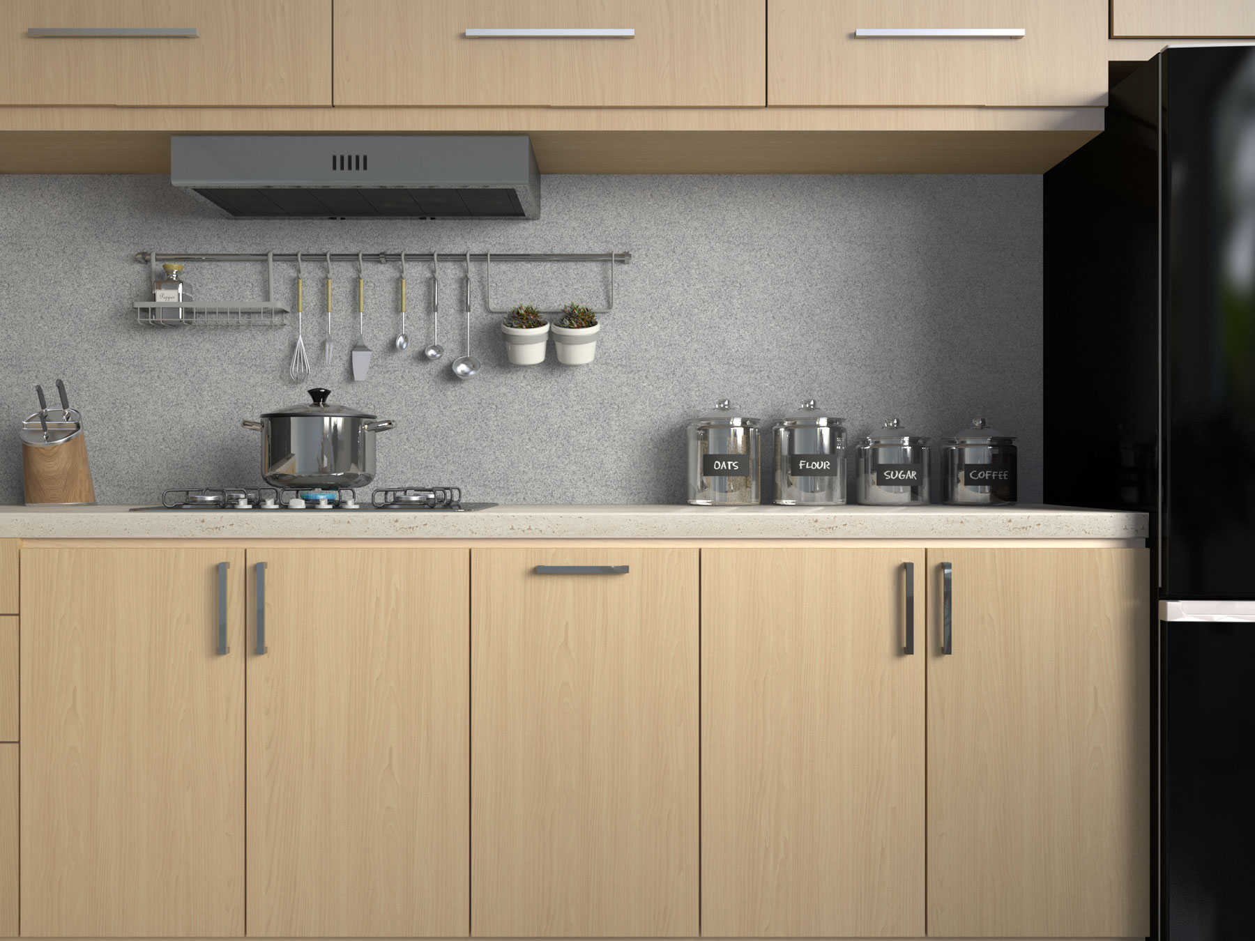 Kitchen with maple cabinets and gray granite backsplash