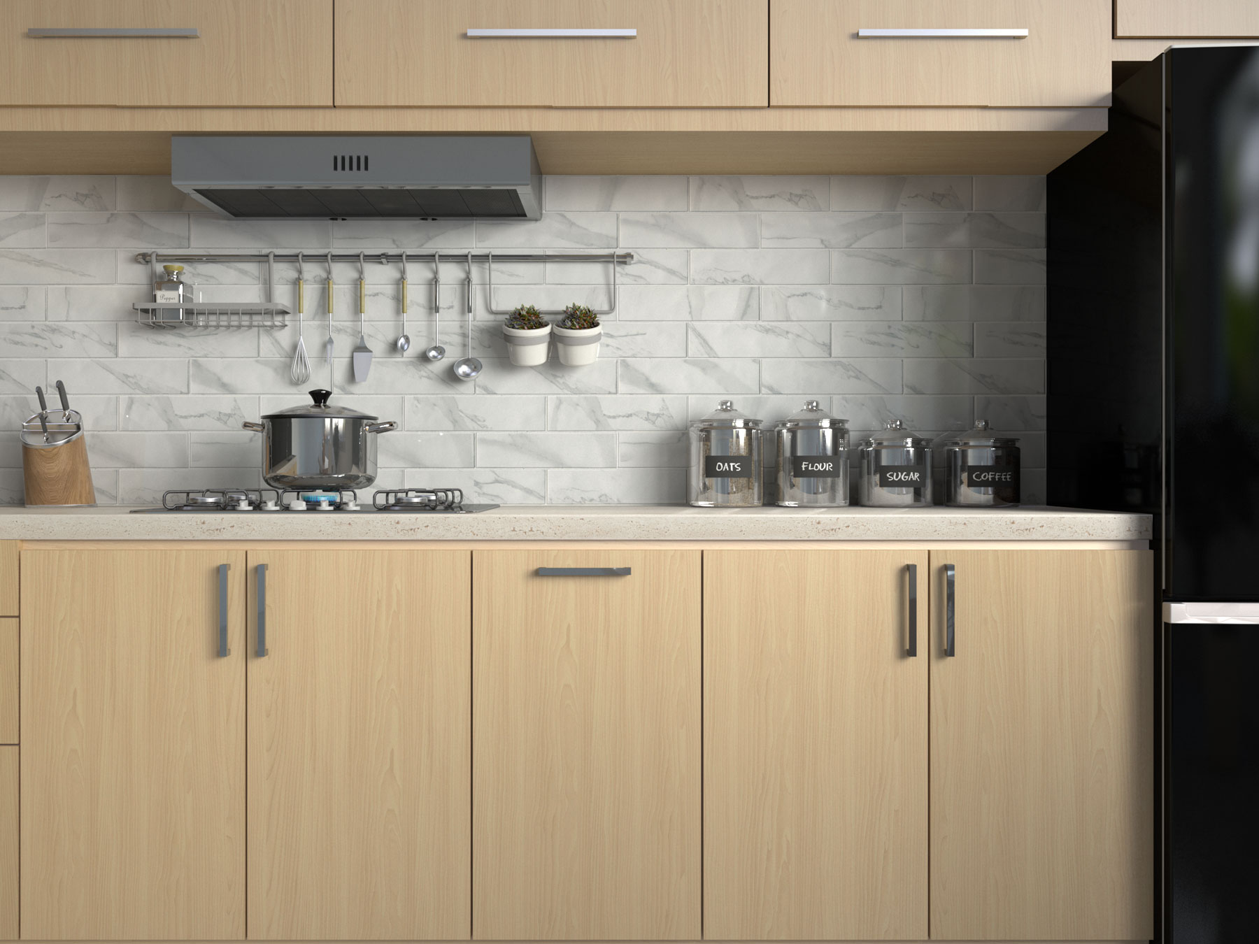 Kitchen With Maple Cabinets And White Tile Backsplash 