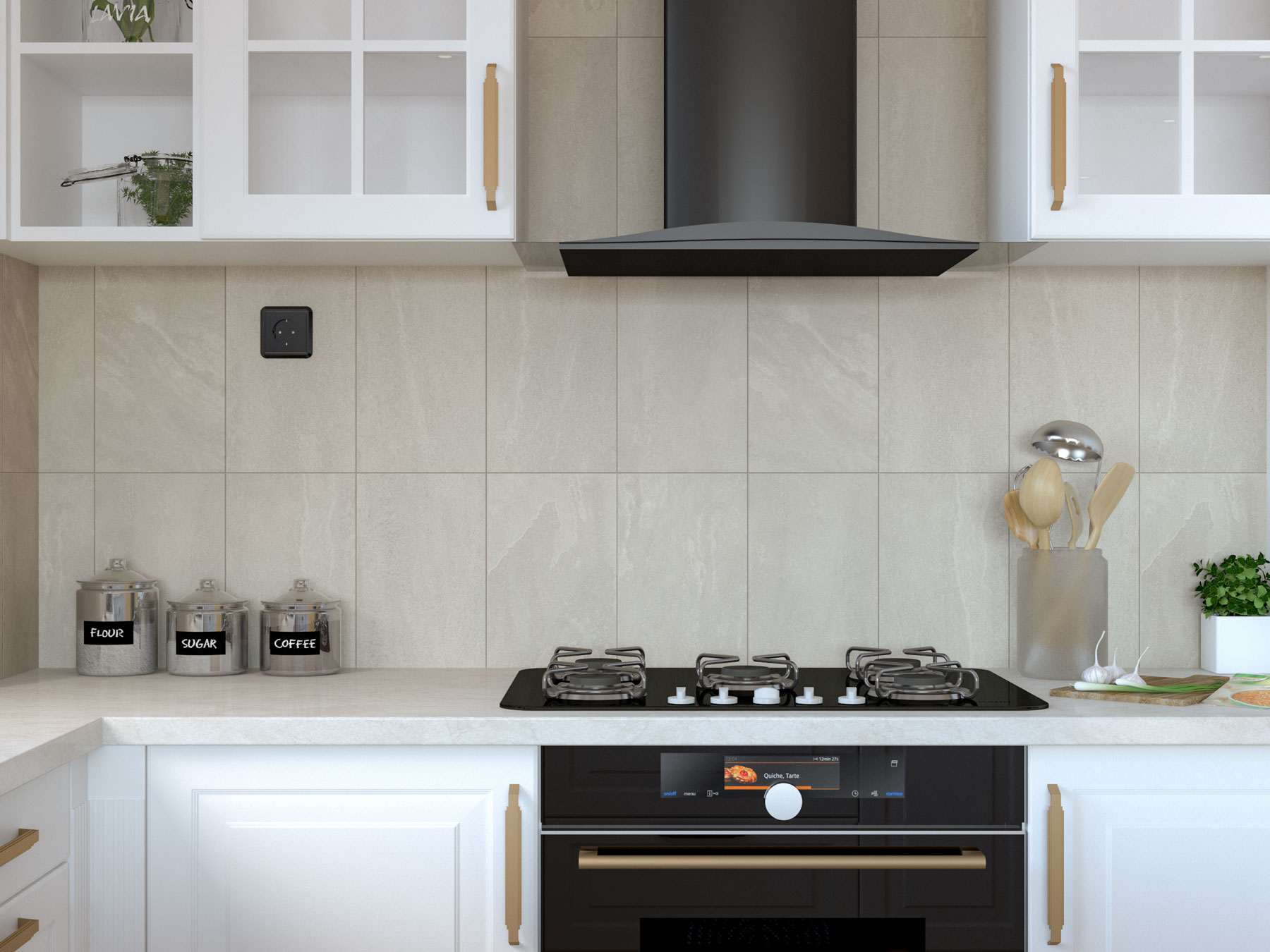 Kitchen with Taj Mahal quartzite countertops and beige stone tile backsplash