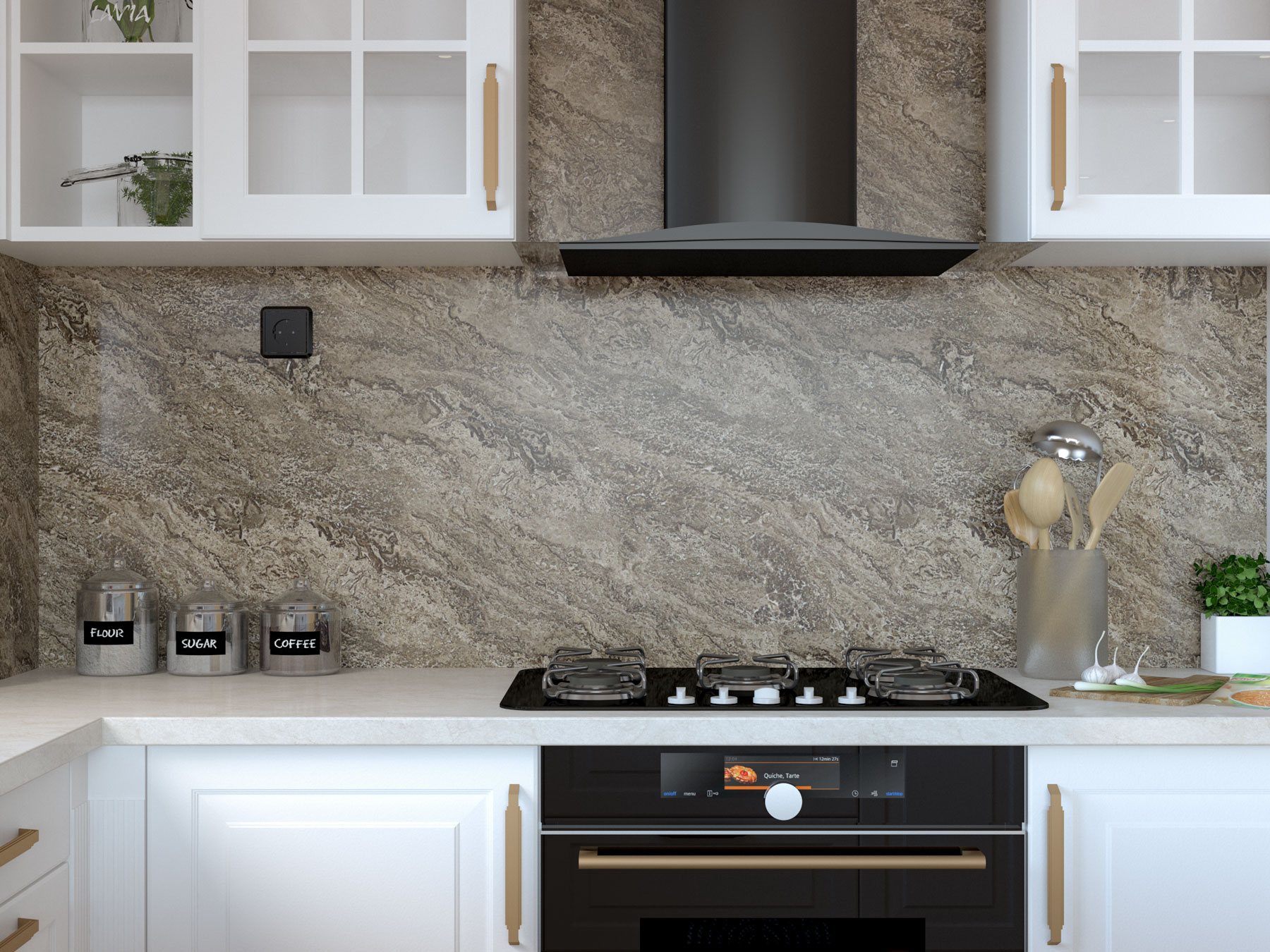 Kitchen with Taj Mahal quartzite countertops and brown marble backsplash