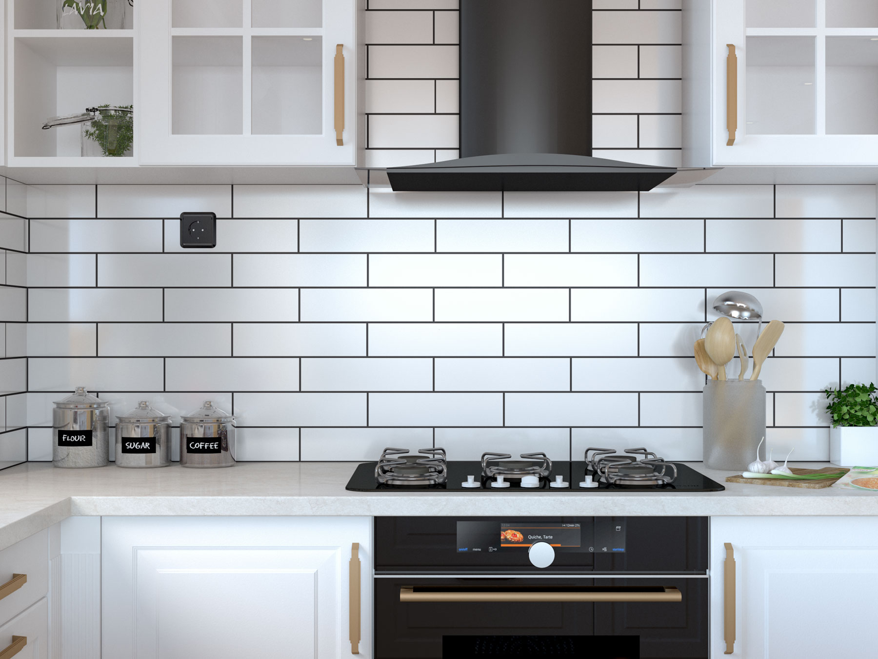 Kitchen with Taj Mahal quartzite countertops and white subway tile backsplash