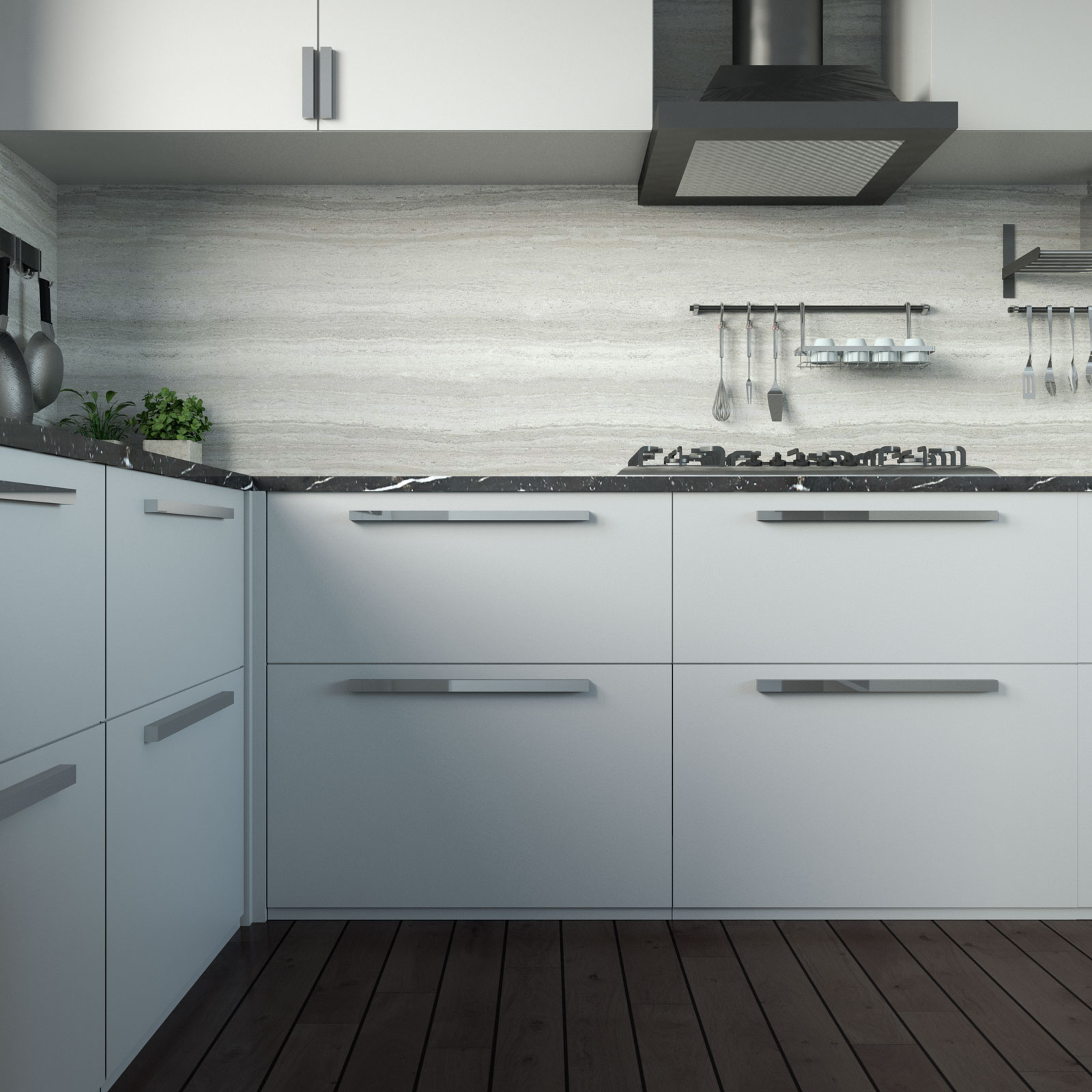 Kitchen with light gray cabinets and dark floors