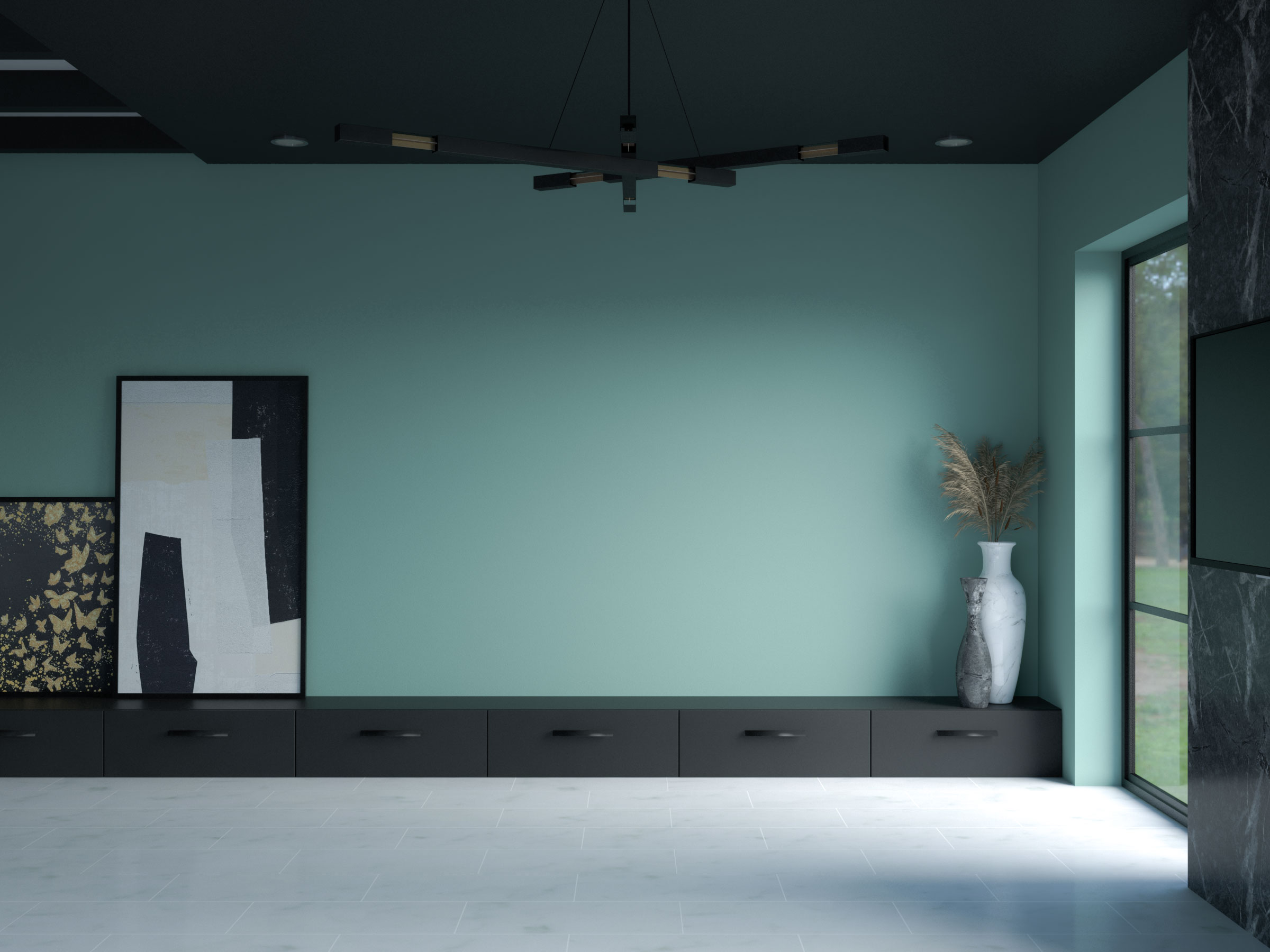 Teal walls with black ceiling