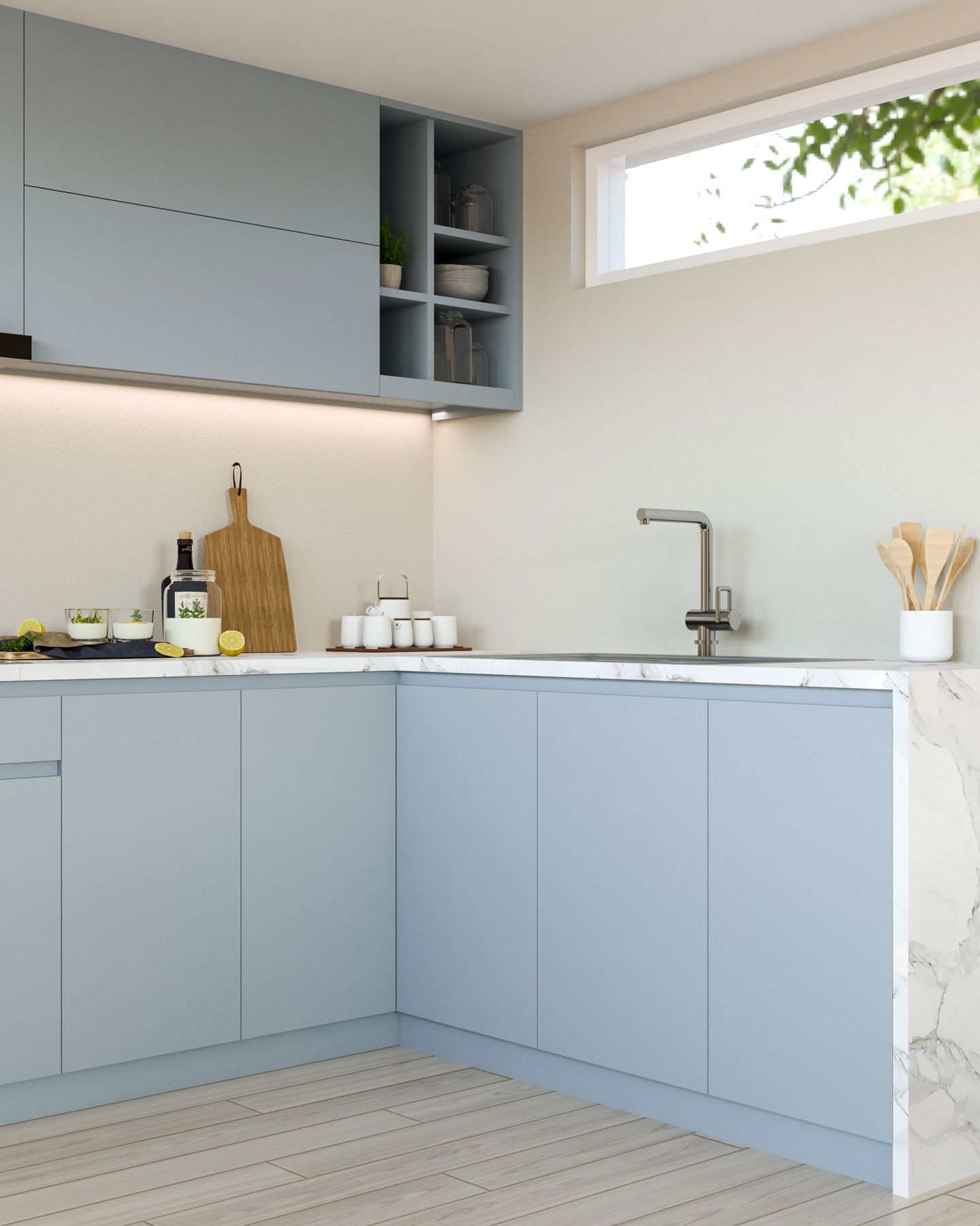 Kitchen with agreeable gray walls and aleutian cabinets