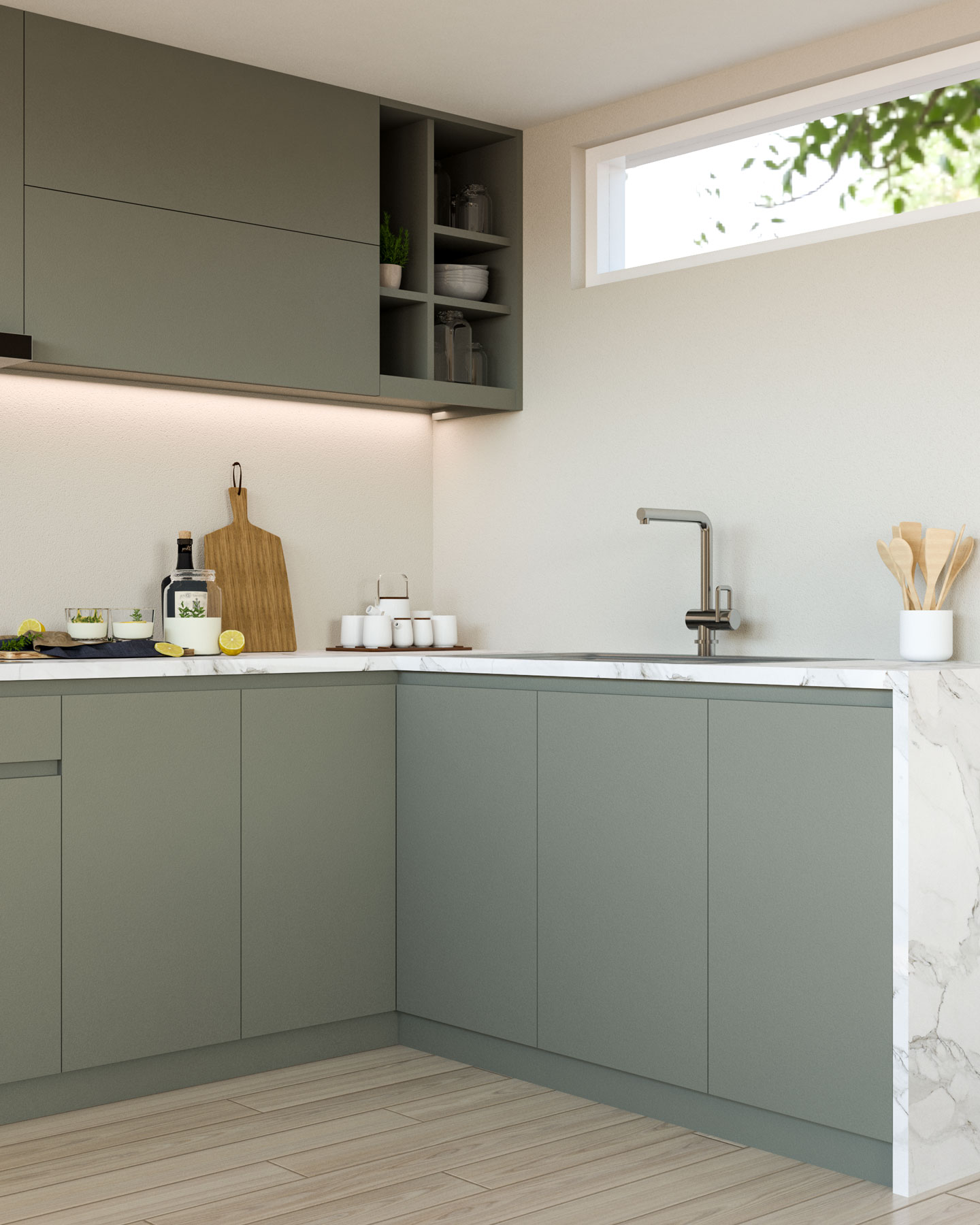 Kitchen with agreeable gray walls and attitude gray cabinets