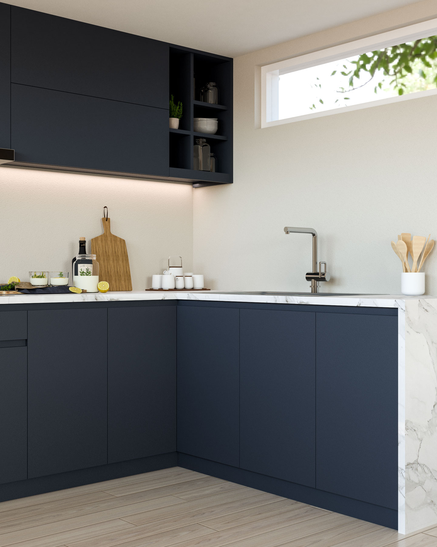 Kitchen with agreeable gray walls and charcoal blue cabinets