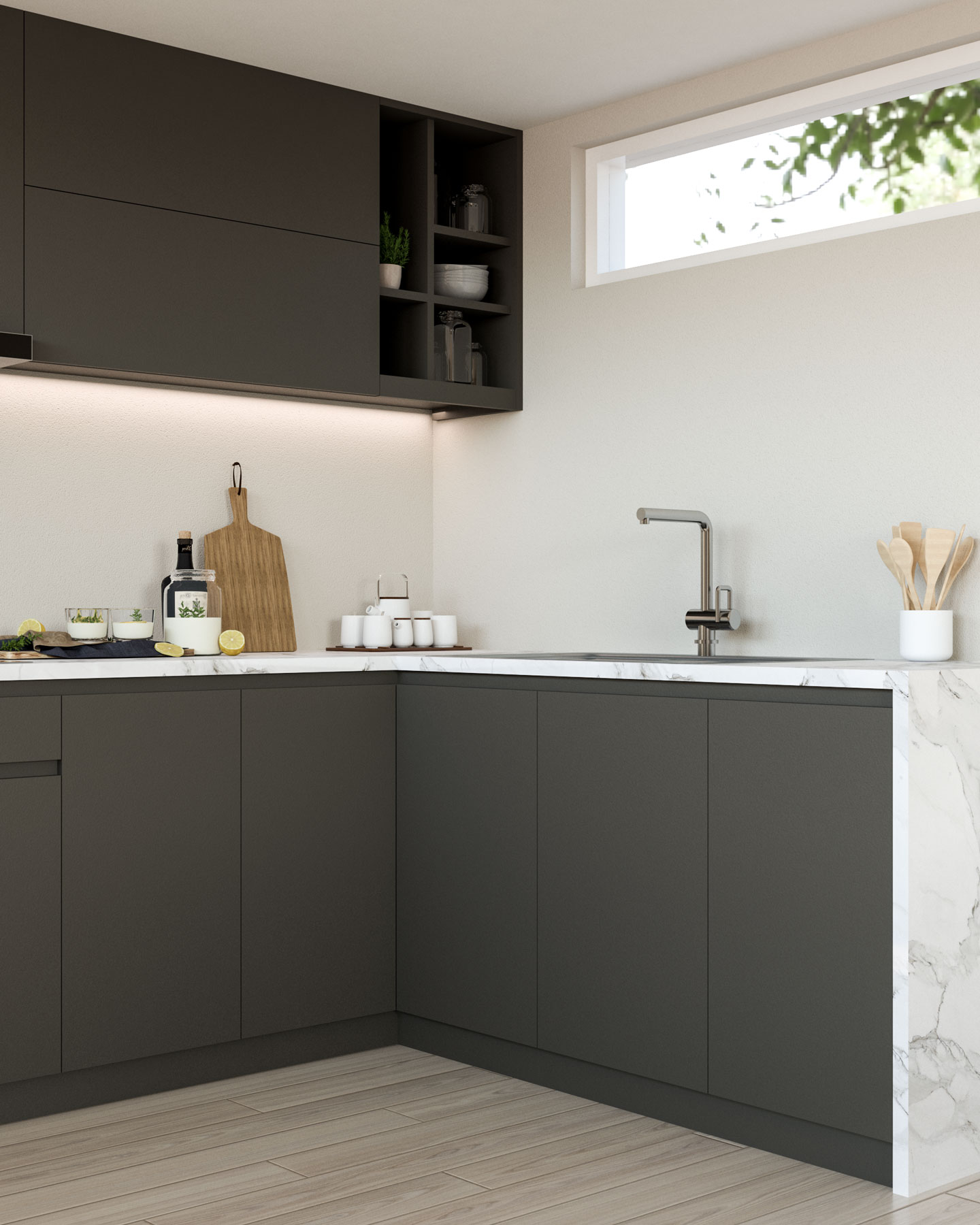 Kitchen with agreeable gray walls and urbane bronze cabinets