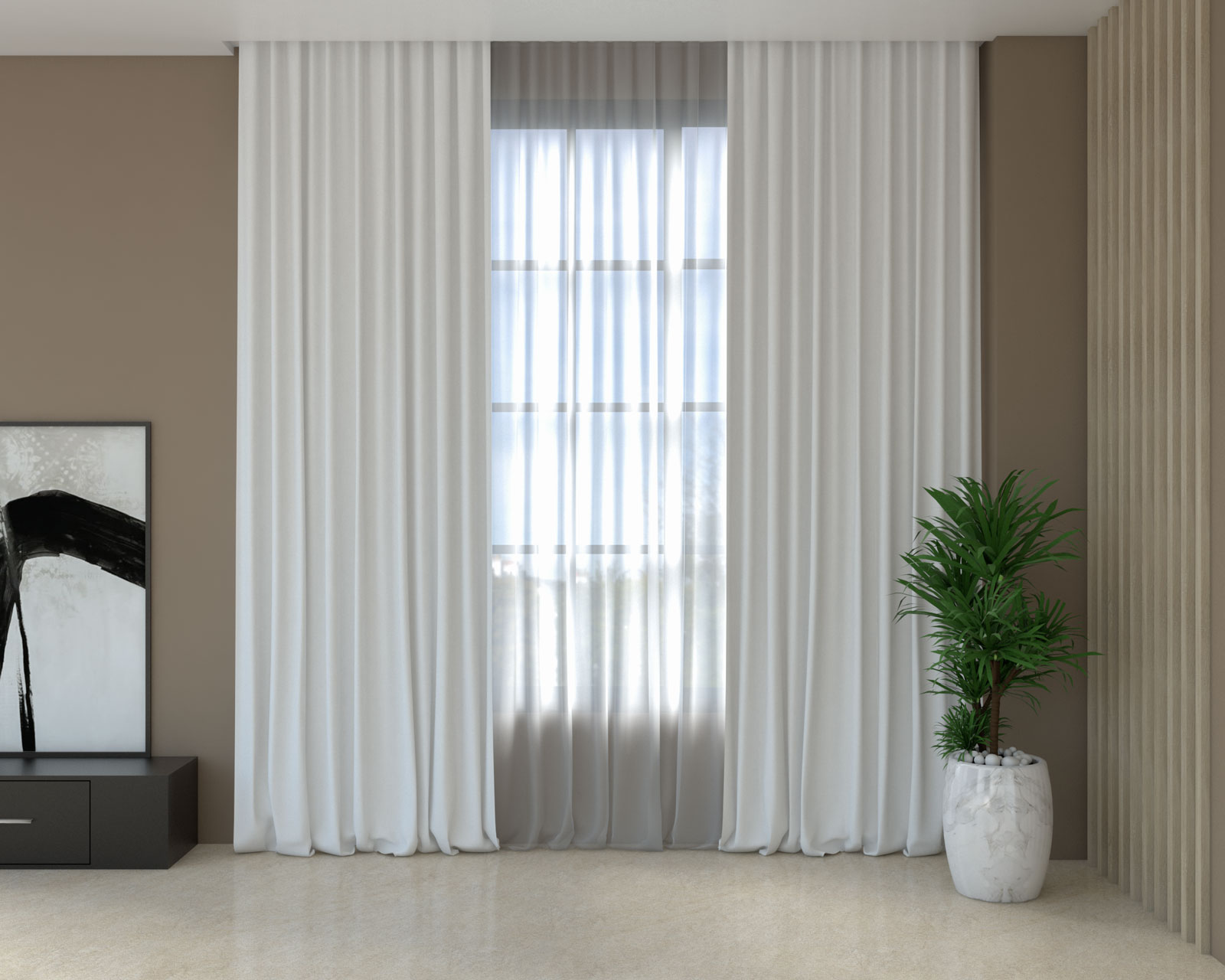 Brown walls with white curtains