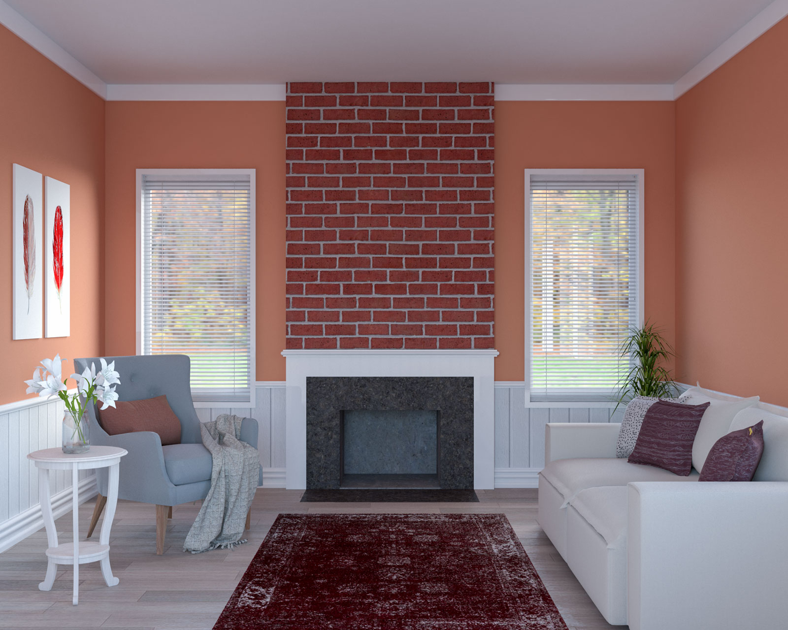 Terracotta Red Living Room With Red Brick Accent 