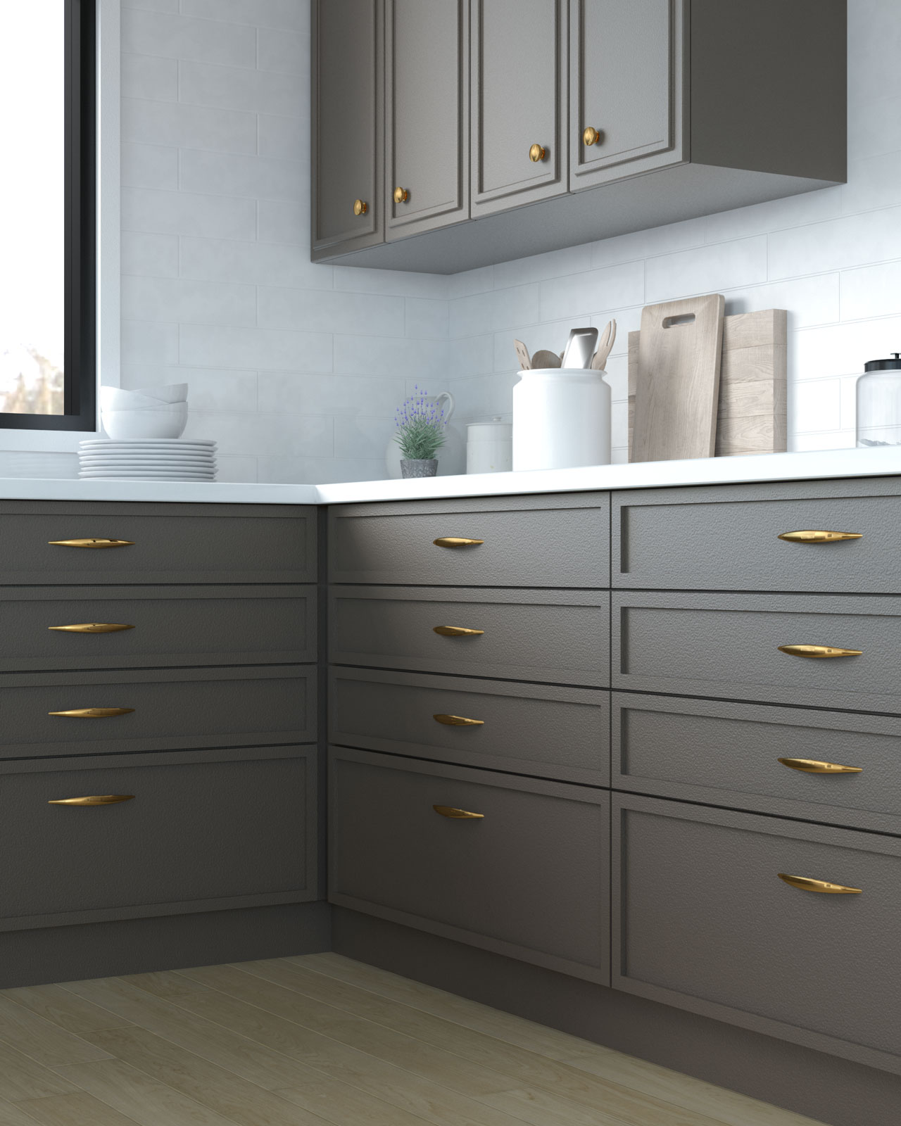 Brown cabinets with gold hardware