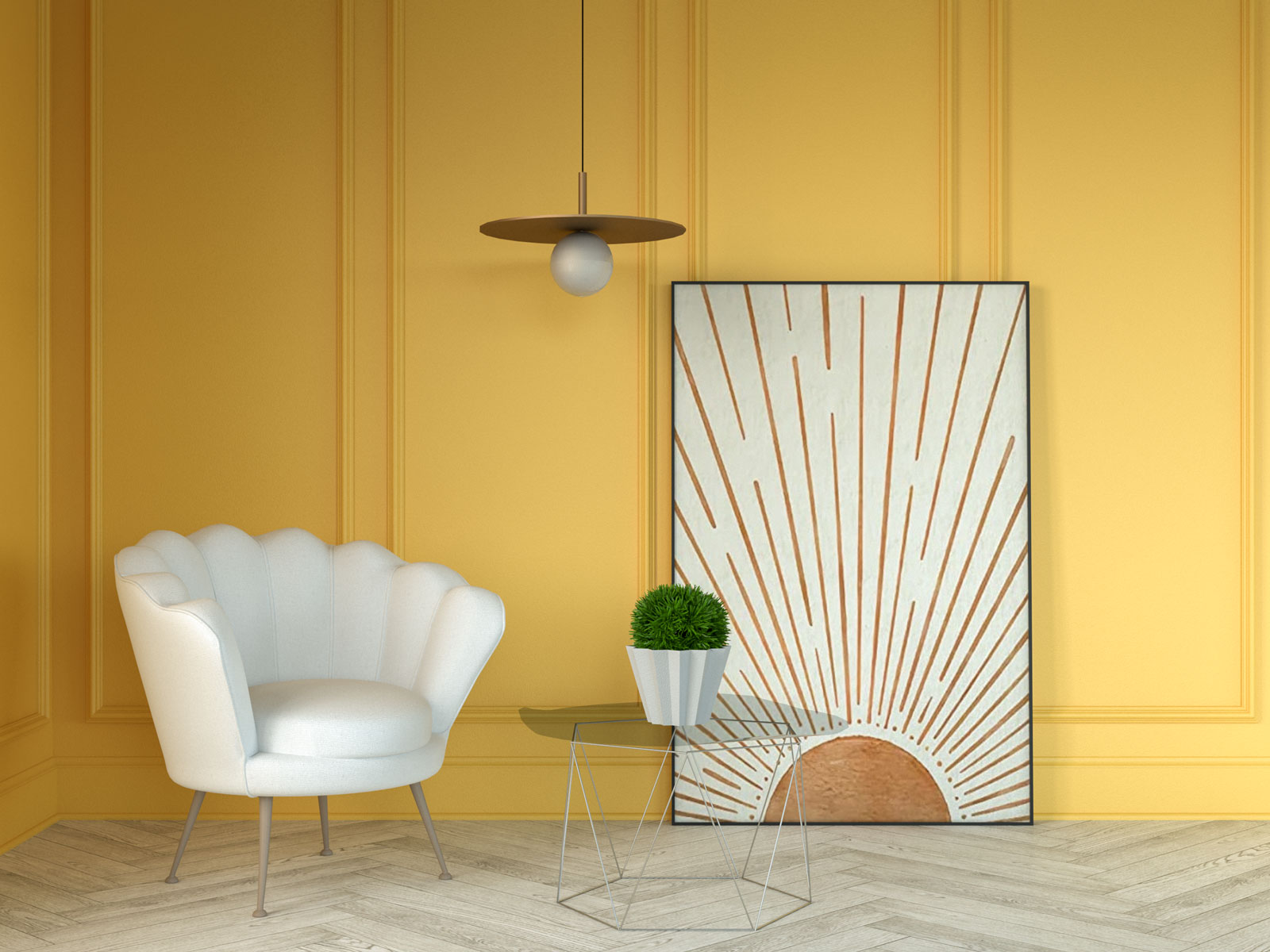 Mustard yellow wall with rustic orange artwork