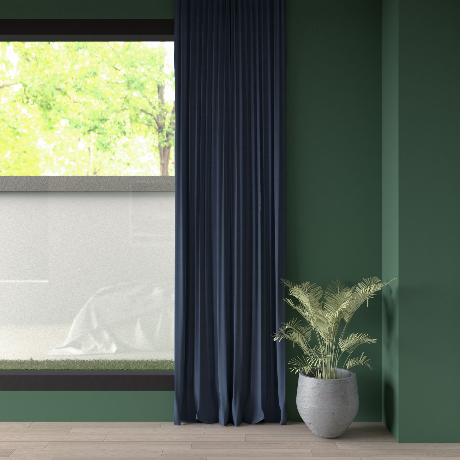 Blue curtains with gray-green walls