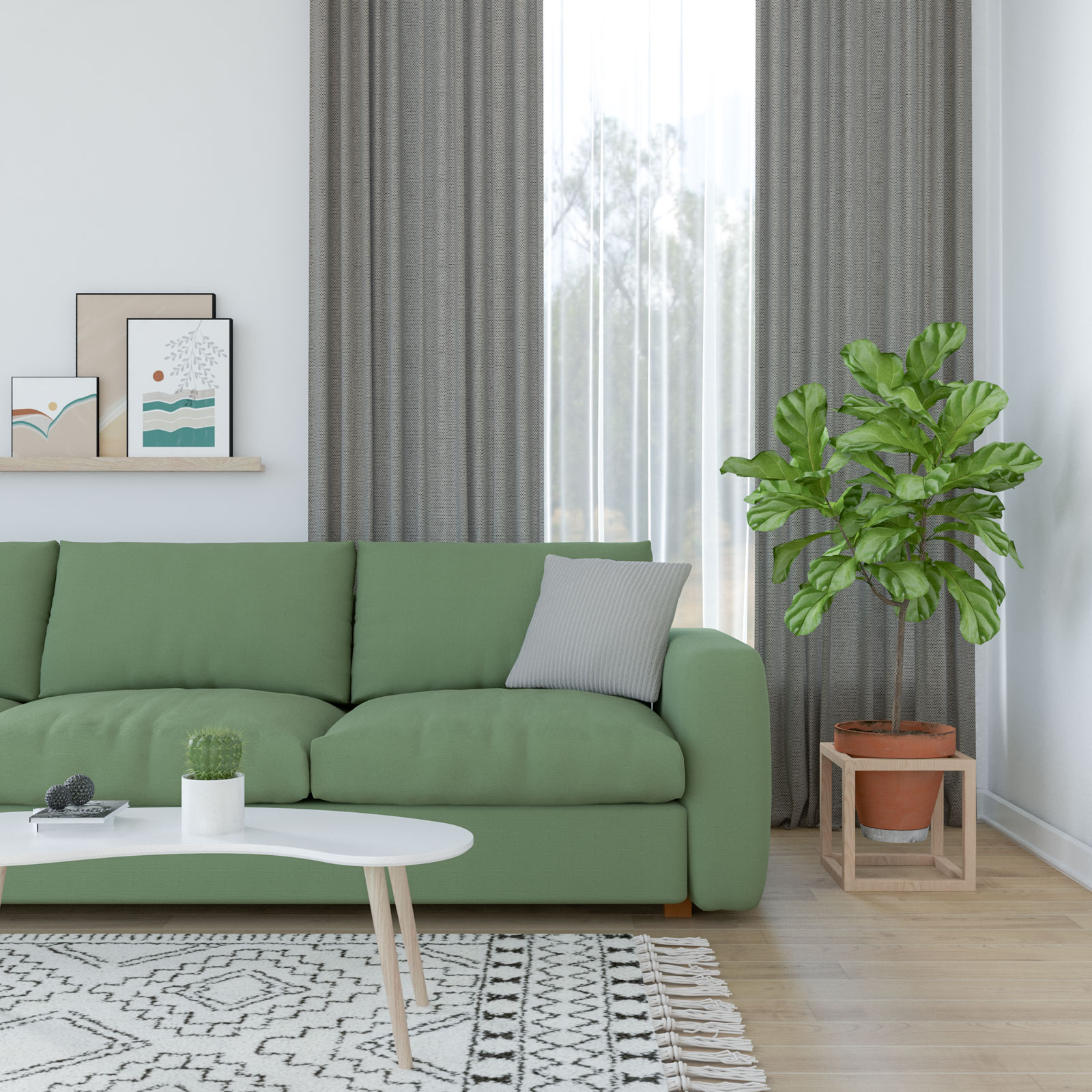 Living room with green couch and charcoal curtains