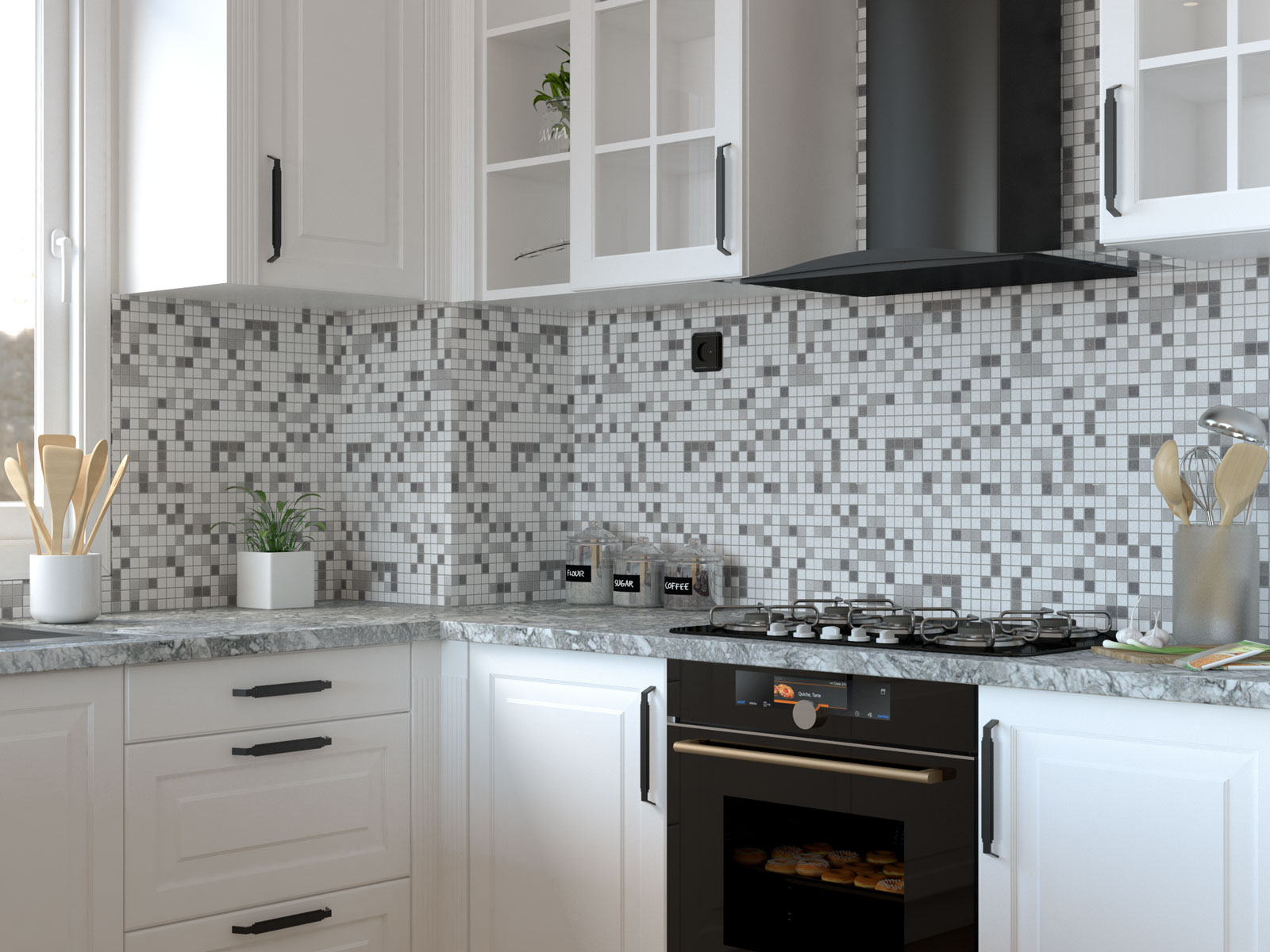 Gray And White Mosaic Tile Backsplash 