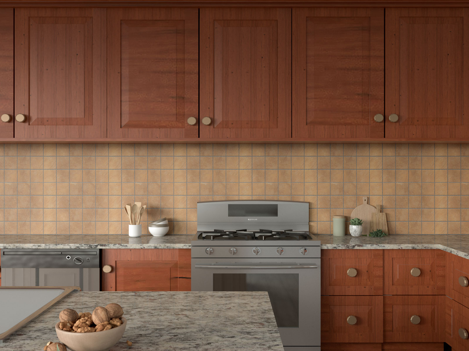Cherry kitchen cabinets with terracotta backsplash
