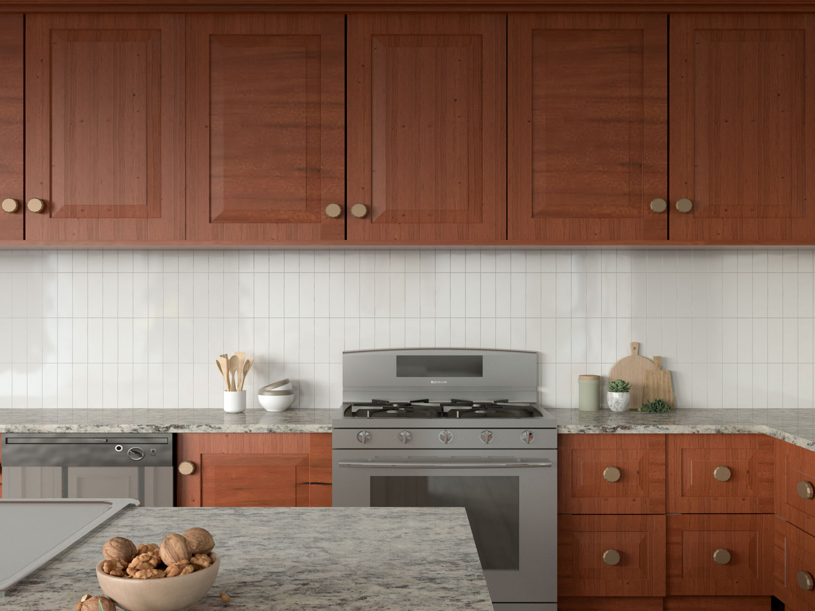 Cherry kitchen cabinets with white tile backsplash