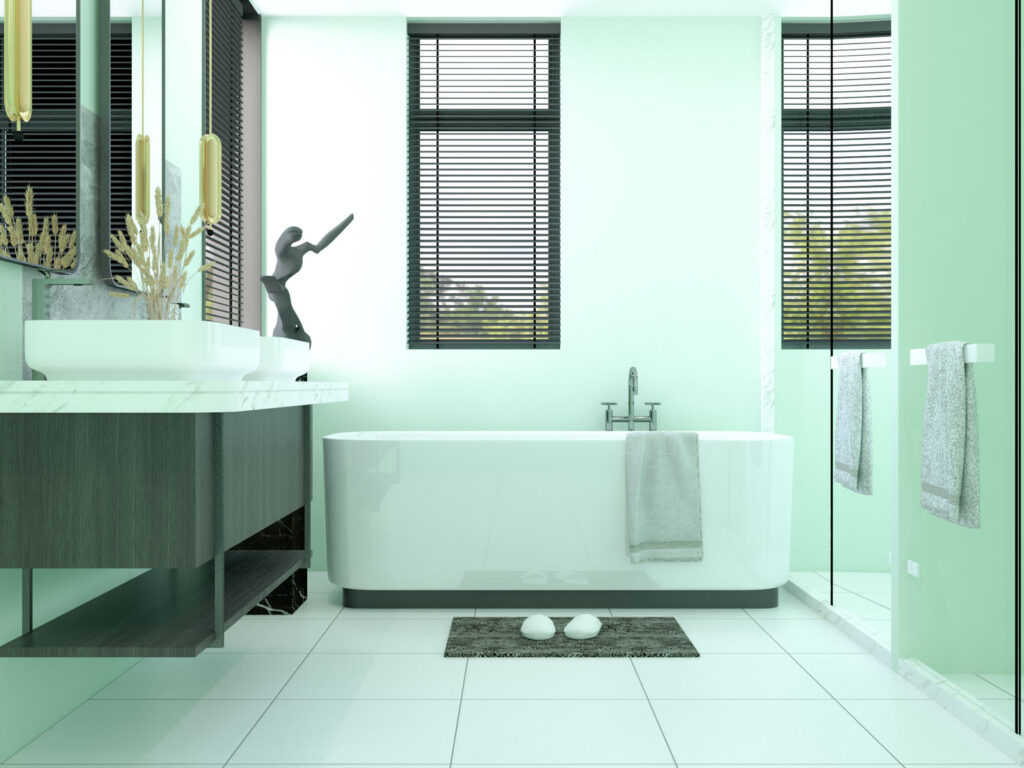 8 Exciting Wall Color Ideas for Bathroom with White Tile Flooring ...