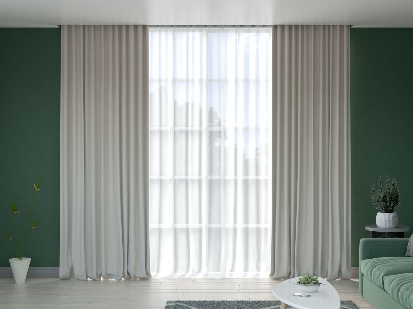 Dark green wall with beige curtains
