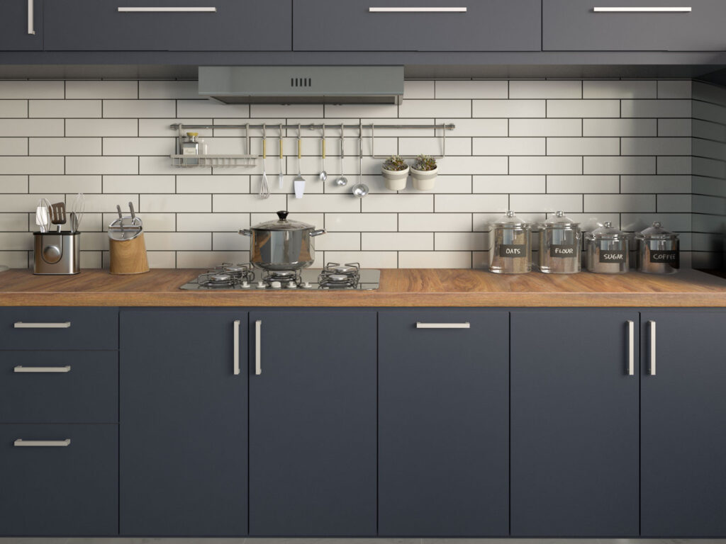 Elegant Navy Blue Kitchen Cabinets with Butcher Block Countertops for ...