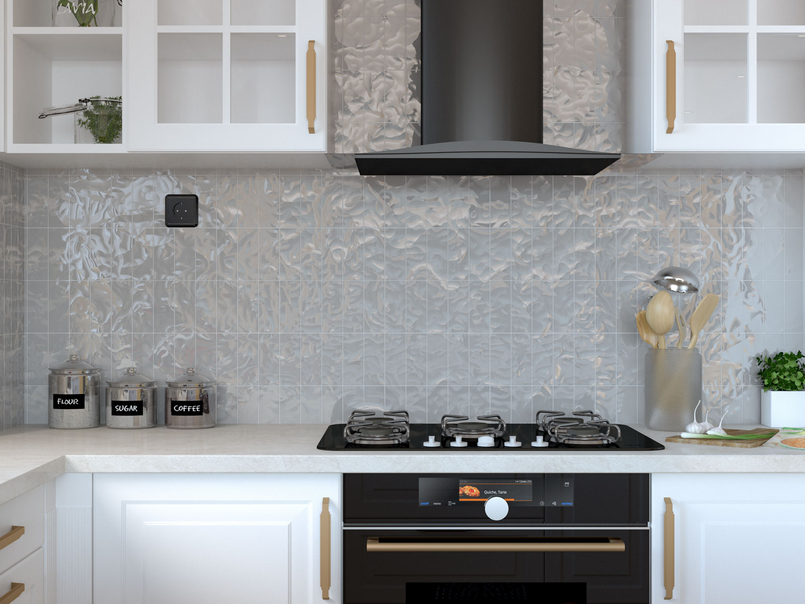 Kitchen with gray glass tile backsplash