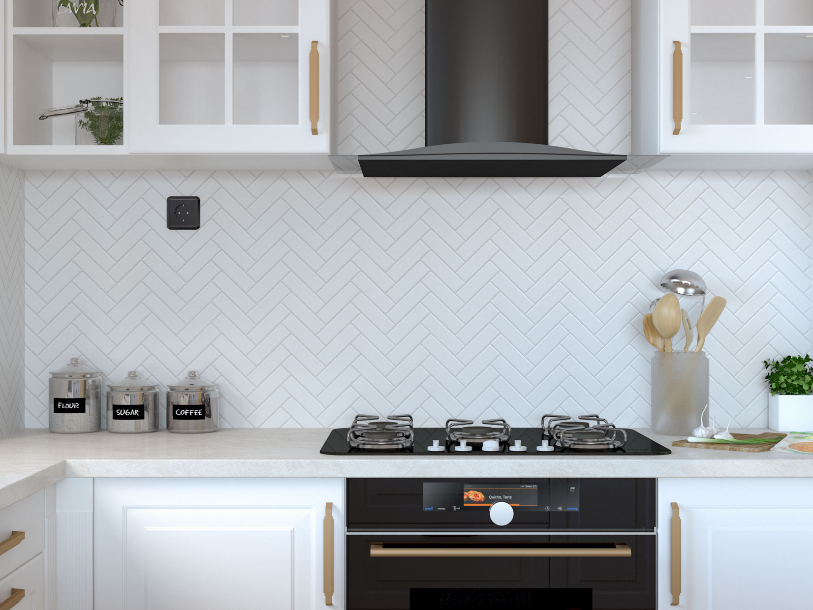 Kitchen with white herringbone tile backsplash